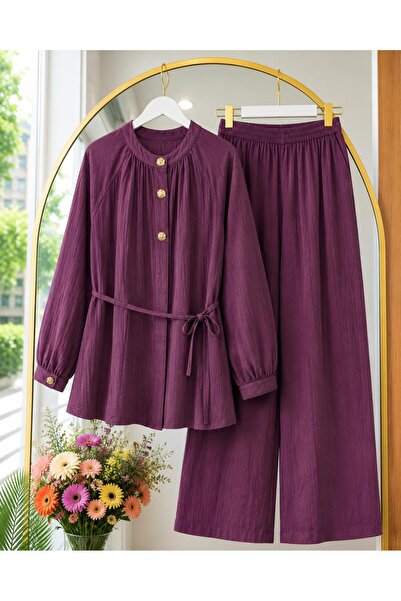 MODA VEDAT Ženski set pantalona sa vezicom za struk i 3 dugmeta od tkanine u ...