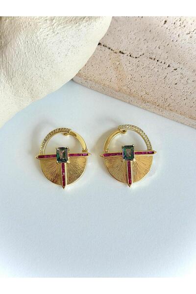ANKA JEWELLRY Women's Steel Fuchsia Stone Detail Geometric Design Gold Earrings
