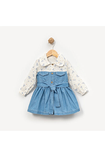 Little D&E Baby Girl Denim Gilet Look Floral Patterned Long Sleeve Dress