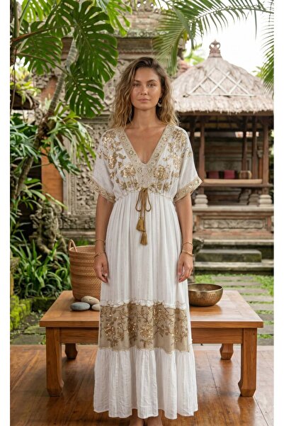 moda gk Beaded/Embroidery Detailed Shiny Patterned Bohemian Imported Dress