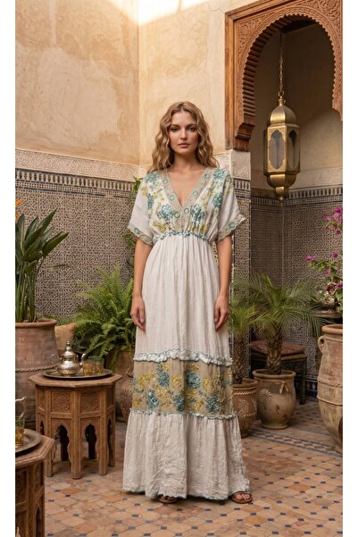 moda gk Beaded/Embroidery Detailed Shiny Patterned Bohemian Imported Dress