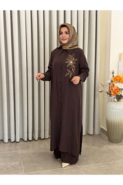 ayşe akay BONCUK İŞLEMELİ TENCEL TAKIM KAHVERENGİ