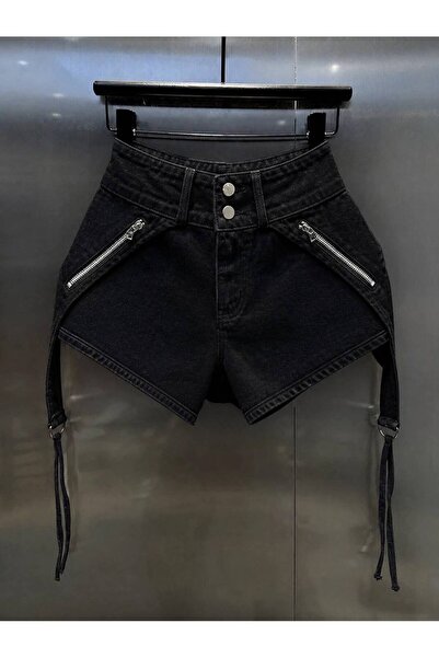 LİZABELLAS Siyah Yüksek Bel Fermuar ve Halka Detaylı Tasarım Denim Şort