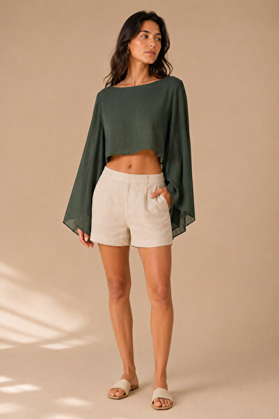 Sebir Moda Linen Blend Bat Sleeve Cape Blouse