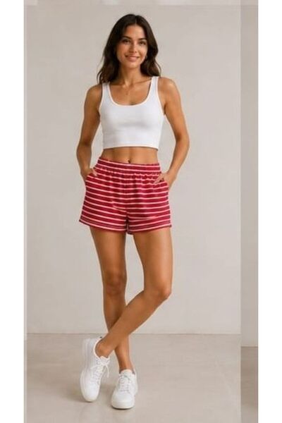 Reçel Renkli beli lastikli cepli short
