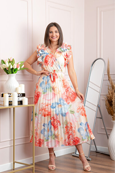 OEM Rochie eleganta plisata Cindy cu imprimeu floral si volane la umeri - Corai