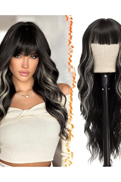 Dotail Perucă lungă ondulată, breton, cărare pe mijloc, 66 cm, șuvițe blond p...