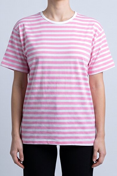 hadiora Γυναικείο μπλουζάκι Candy Pink White με ριγέ λαιμόκοψη