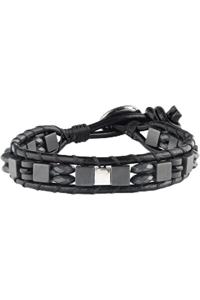 MINZA Iron Men’s Bracelet, 925 Sterling Silver Cube & Leather Bracelet, Hemat...