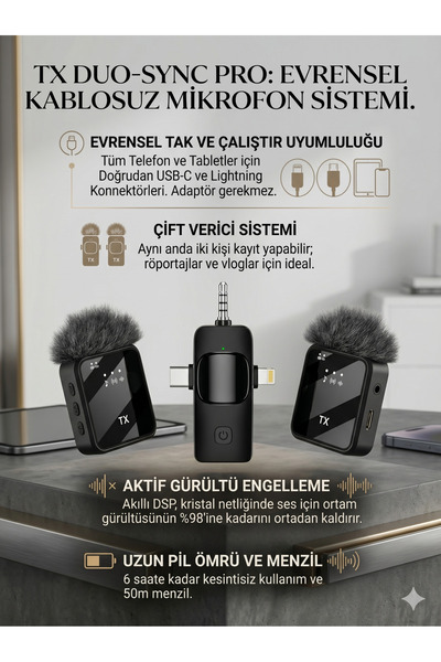 Deppo Trend Kablosuz Yaka Mikrofonu Vlog Video Tanıtım Çekimleri Gürültü Önle...
