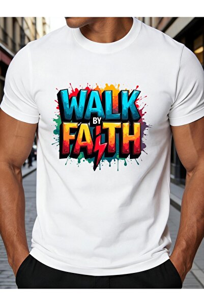 NOURAM تي شيرت رجالي ملون بتصميم الجرافيتي مع عبارة "Walk by Faith" الملهمة، ...