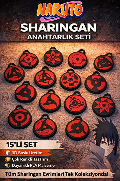 FigurBende Naruto Sharingan Anahtarlık Seti – 15'li Koleksiyon (10'lu ve 5'li...