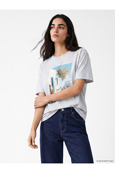 LC Waikiki Tricou de damă supradimensionat, imprimat, 100% bumbac