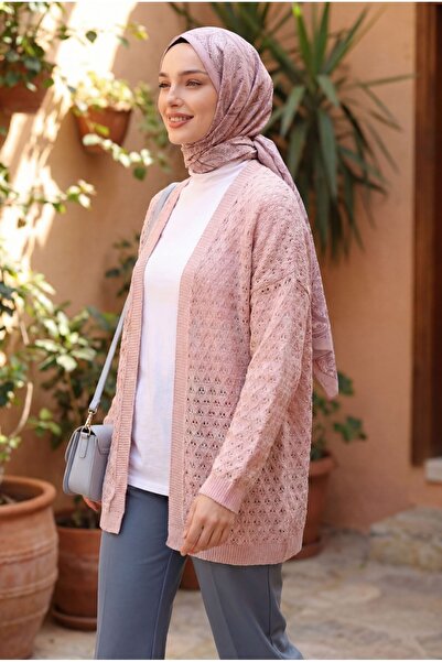 Modamorfo Openwork Casual Knitwear Cardigan -Powder