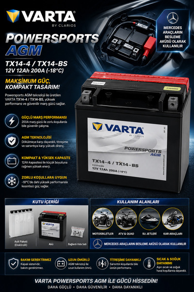 Varta TX14-4 / TX14-BS AGM Motosiklet Aküsü 12V 12Ah 200A Bakımsız Mercedes B...