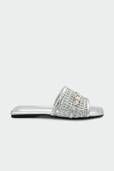 LAMİNTA Elara Braided Buckle Detailed Women's Silver Flat Slippers
