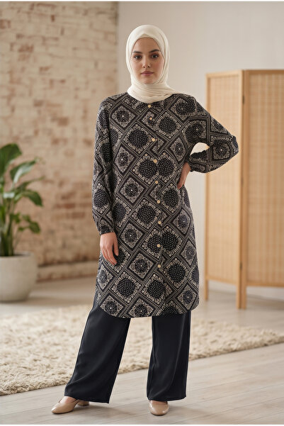 tuvadi Women's Scarf Patterned Double Crepe Two-Piece Set - Hijab Tunic Shirt...