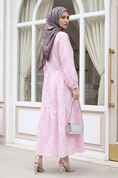 HİJABAYA Half Button Jacquard Printed Piece Dress with Elastic Sleeves