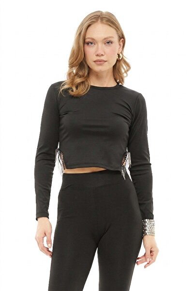 Fulla Moda Chain Detailed Scuba Fabric Crop Blouse
