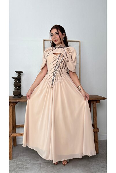 BRATO Soft Apricot Evening Gown with High Neckline and Embroidered Cape Desig...