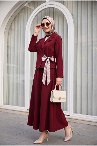 Modamorfo Shirt Collar Side-Tie Skirt Dabıl Set - Burgundy