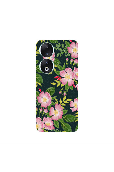 Other Honor 90 5G Pink flowers green laves Transparent Silicone TPU Θήκη