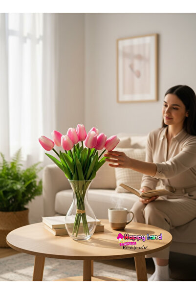 Happyland Artificial Flower Pink Wet Tulip 8Pcs in 1 Bunch Realistic Texture ...