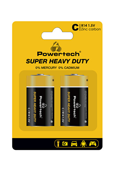POWERTECH μπαταρίες Zinc Carbon Super Heavy Duty PT-1221, R14 1.5V, 2τμχ