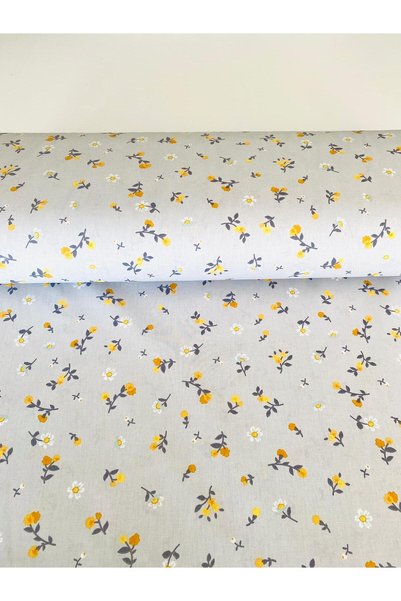 seyranat 1 Meter, Width 240 Cm, Gray Color, Yellow Floral Pattern, Cotton Quality Fabric for Bedding, Dressmaking, Hobby Projects