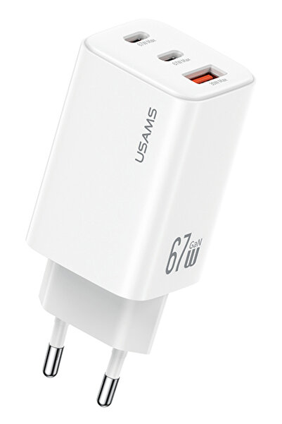 Usams φορτιστής τοίχου CC265, USB & 2x USB-C, 67W, GaN, λευκός