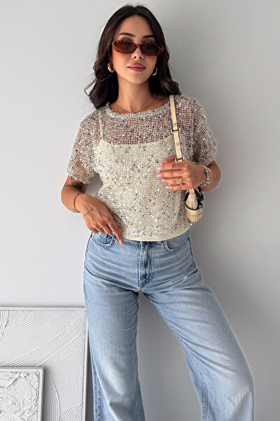 Noa&Noa Women's Sequined Transparent Blouse and Undershirt Two-Piece Set Shor...