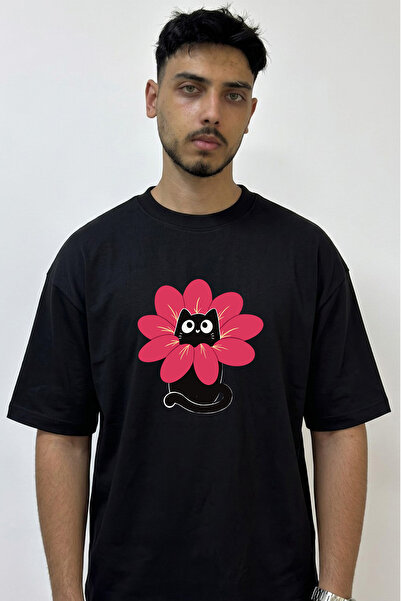 Anetos Floral Cat Design Printed Oversize Black T-Shirt