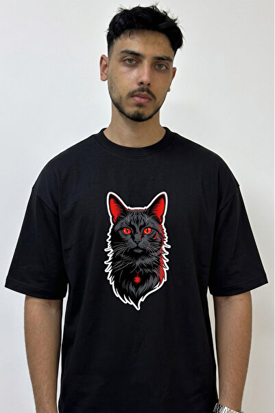 Anetos Red-Eyed Cat Design Printed Oversize Black T-Shirt