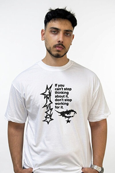 Anetos Grunge Gozi Stars Design Printed Oversize White T-Shirt