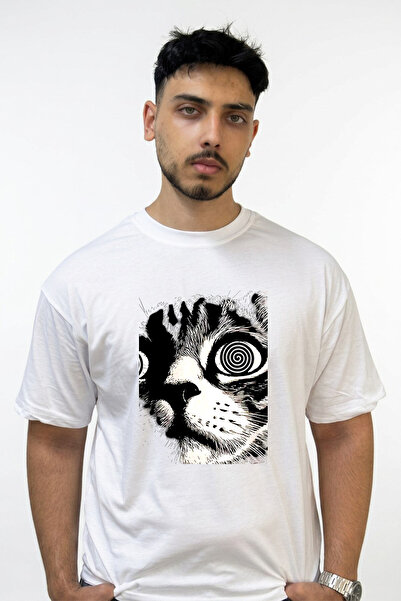 Anetos Uzumaki Cat Design Printed Oversize White T-Shirt