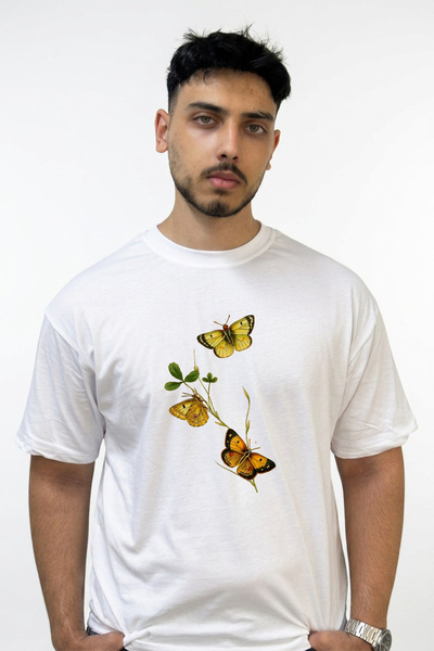 Anetos Sari Kelebek Design Printed Oversize White T-Shirt
