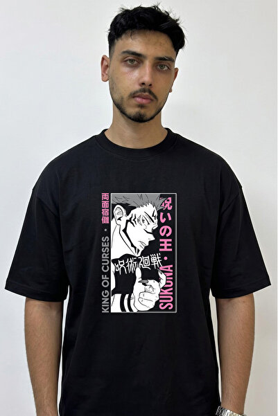 Anetos Sukuna Jujutsu Kaisen Design Printed Oversize Black T-Shirt