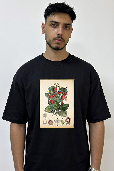 Anetos Cilek Botanical Design Printed Oversize Black T-Shirt