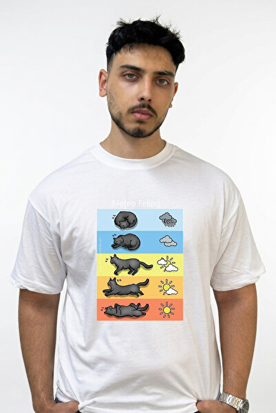 Anetos Meteo Felino Design Printed Oversize White T-Shirt