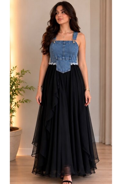 Queen Style Kadın Jean Detaylı Şifon Maxi Elbise