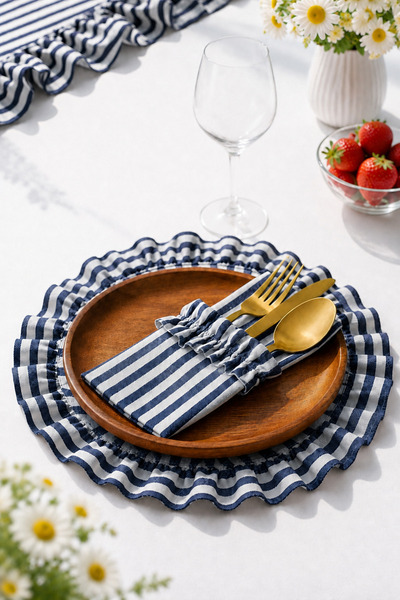 Mirilliahome 6’lı Pamuk Keten Amerikan Servis ve 6’lı Kaşıklık Seti Fırfır De...