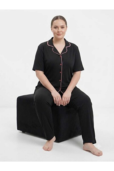 Kadın Siyah Kısa Kol Gömlek Battal Beden Pijama Takımı