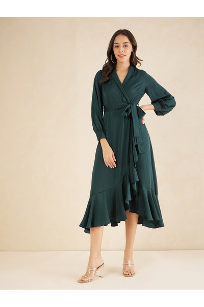 Femmella By Styli Shawl Collar Belted Wrap Midi Dress