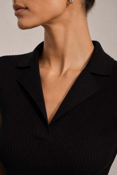 Ferraro Black Sleeveless Polo Neck Ribbed Viscose Women's Knitwear Blouse