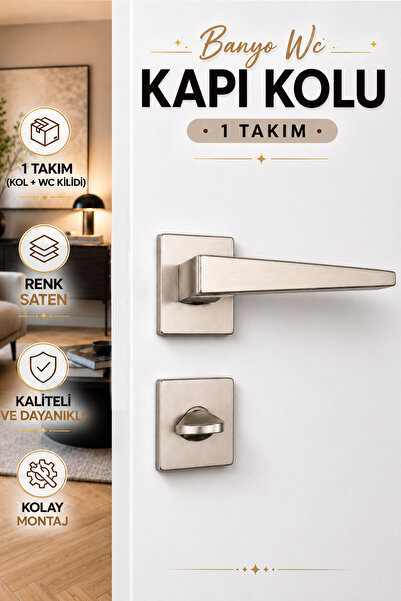 Badem10 PENTA Saten Kare Rozetli Banyo WC Kapı Kolu İç Kapı Kolu Takımı Moder...