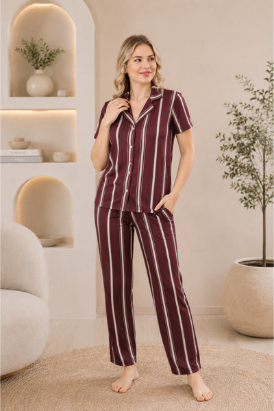 Wordex Mirano 4868 Digital Printing Fabric Buttoned Short Sleeve Striped Wome...