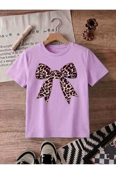 KOZİA OUTDOORS Women's Leopard Print Bow Print Oversized Crew Neck T-Shirt