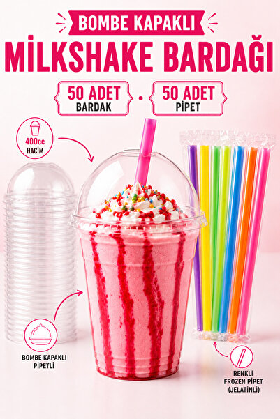 Delvos 50 Adet Bombe Kapaklı Pipetli 400 Cc Plastik Pet Soğuk Kahve Limonata ...
