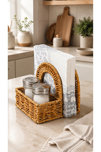 Destpak Spice Rack Napkin Holder Wicker Rattan - High-Quality Steel Wire Wick...