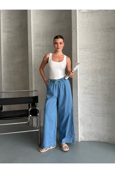 Mudcosıo Women's Wide Leg High Waist Tencel Summer Jeans with Elastic Waistband